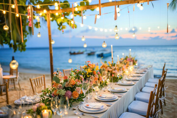 Obraz premium Decorated table reception at beach resort, Dinner, Wedding, Party, Honeymoon, Generative Ai