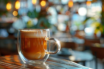 double-walled glass mug full of coffee on a table in a cafe on a blurred background with a bokeh.