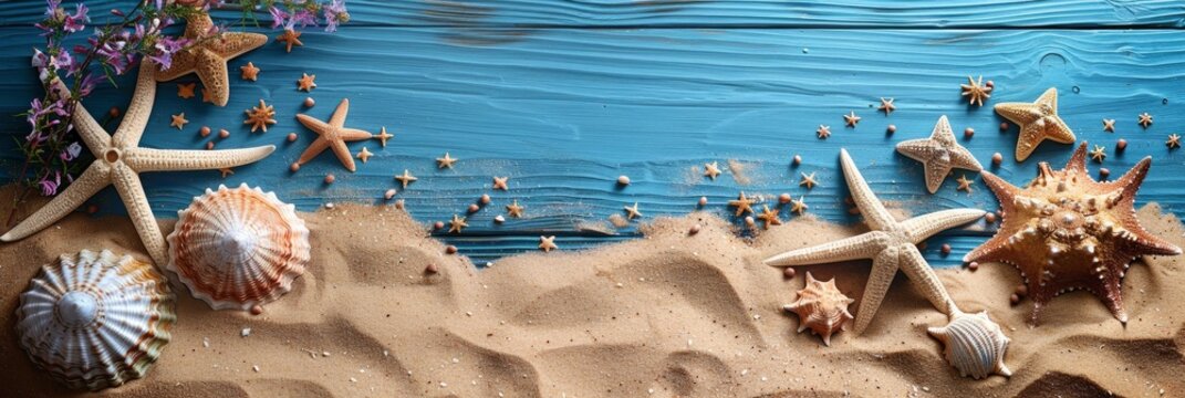 Beach Accessories On Blue Plank Sand, Background HD, Illustrations