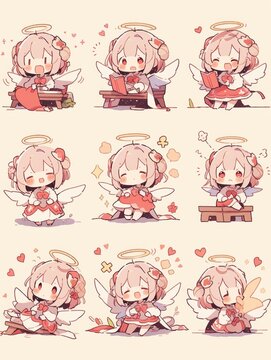 Collection sets of cute cartoon character angel with wings. Multiple emotions.