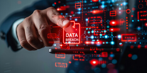 Executive Using Smartphone to Manage Data Breach Warning, Digital Security Alert on Virtual Interface with Icons