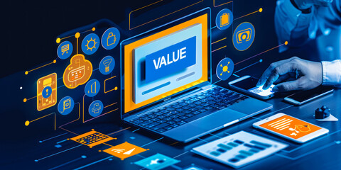Concept of delivering value through digital business solutions, shown by a laptop displaying icons representing customer value, teamwork, analytics, and value proposition on a virtual interface - obrazy, fototapety, plakaty