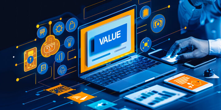 Concept of delivering value through digital business solutions, shown by a laptop displaying icons representing customer value, teamwork, analytics, and value proposition on a virtual interface