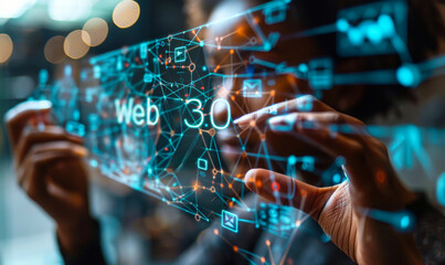A person's hands hold a holographic icon displaying the next evolution of the internet - Web 3.0 - with its decentralized technologies and potential for innovation