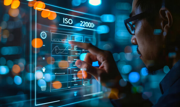 A business professional interacts with a transparent digital checklist for the stringent ISO 22000 food safety management certification requirements