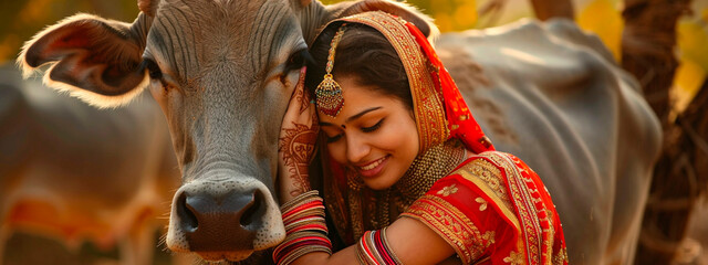 woman with an Indian cow. selective focus. - obrazy, fototapety, plakaty