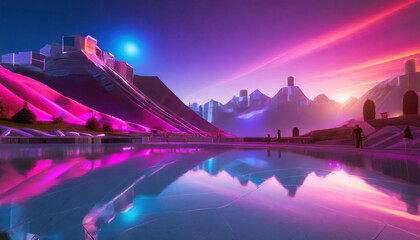 Paesaggio iperrealistico vibrante e dettagliato che raffigura montagne e laghi , colori al neon, , cielo crepuscolare stravagante. - obrazy, fototapety, plakaty