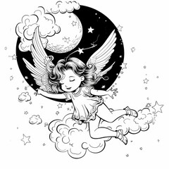 Cute cartoon character angel with wings. Line drawing art