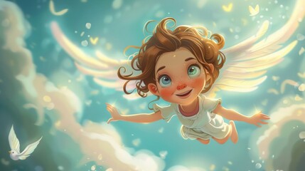 Cute cartoon character angel with wings flying in sky - 770785555