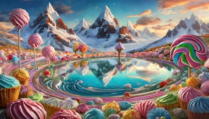Foto auf Leinwand paesaggio iperealistico con caramelle e montagne di panna e zucchero filato, paese dei dolci e delle caramelle, colori vibranti e coni gelato fantasia, mondo di caramelle surreale © garpinina