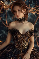 Fantasy Steampunk Beauty: Full Body Shot of Woman in Black and Gold Lace Gown