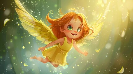 Cute cartoon character angel with wings flying in sky - 770785797