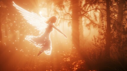 Beautiful angel with wings flying in misty enchanted forest with sunlight rays. - 770785990