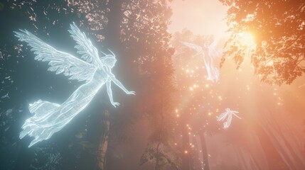Beautiful angel with wings flying in misty enchanted forest with sunlight rays. - 770786140