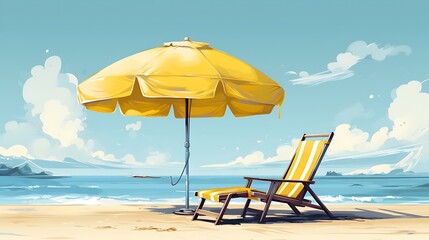 Vector Beach Chair Yellow Umbrella and Ball Summer holiday Time to travel concept