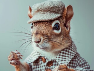 Adorable and cute squirrel portrait wearing retro and vintage clothes, retro accessories, nostalgia, vintage, 1800s, 1900s, 1920s, 1950s, 1960s, 1980, 1990, 2000s