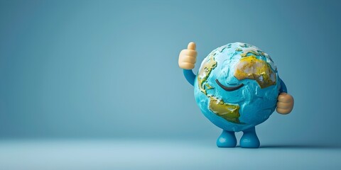 The planet Earth character giving a thumbs up gesture of global gratitude and appreciation with copy space