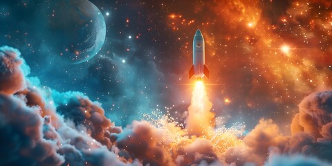Rocket Blasting Off to Limitless Cosmic and Possibilities - obrazy, fototapety, plakaty