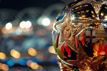 Close-up of golden soccer globe with stars on stadium lights background with space for text. Sport,...