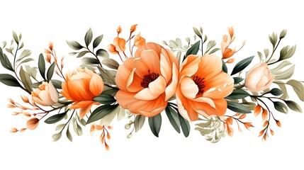 Watercolor floral illustration. Orange flowers eucalyptus greenery bouquet. Red roses peach peony border wreath frame. Perfect for wedding invitation stationary greetings fashion design