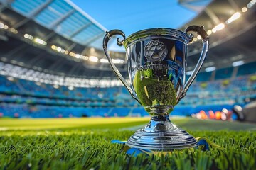 Close-up of the trophy of the European football tournament in the arena. Cup of the winner
