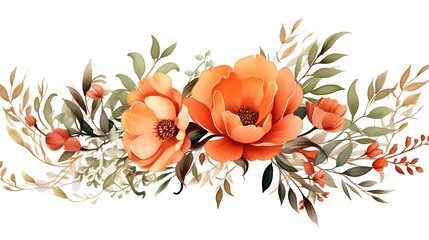 Watercolor floral illustration. Orange flowers eucalyptus greenery bouquet. Red roses peach peony border wreath frame. Perfect for wedding invitation stationary greetings fashion design