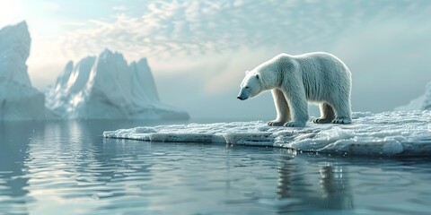 Polar Bear Character on Melting Ice Climate Warming Warning and Copy Space