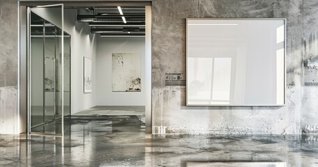 Glass Doors and Empty Banner in Grungy Concrete Ambiance