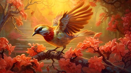 Illustrate the dynamic movement of birds as they chirp joyfully in a beautifully lit garden setting - obrazy, fototapety, plakaty