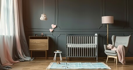 Baby Crib Positioned Between Armchair and Elegant Cupboard
