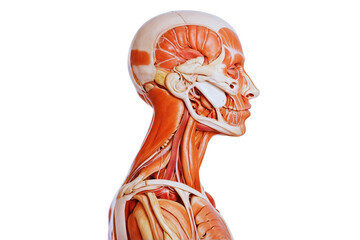 This image showcases an anatomical model depicting the detailed musculature of the human neck, with a focus on the structure and arrangement of muscles