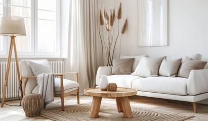 A bright and airy living room with light grey sofa, round wooden coffee table, floor lamp, armchair, large window draped in white curtains, neutral color palette, and clean lines furniture. Modern des - obrazy, fototapety, plakaty