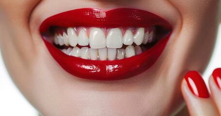 Perfect Female Smile Achieved Through Teeth Bleaching, Red Lips Shine - obrazy, fototapety, plakaty