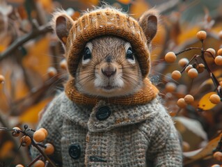 Adorable and cute squirrel portrait wearing retro and vintage clothes, retro accessories, nostalgia, vintage, 1800s, 1900s, 1920s, 1950s, 1960s, 1980, 1990, 2000s