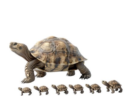Humble turtle teaching the value of patience to young turtle animals isolate on transparent background, cutout, png