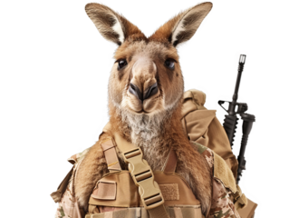 Kangaroo in a commando uniform, performing a desert operation  isolate on transparent background, cutout, png