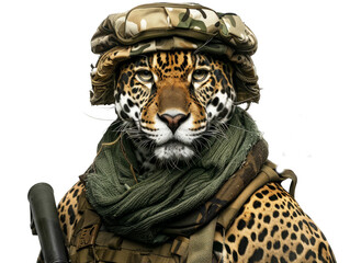 A judicious jaguar in a jungle warfare outfit, on a reconnaissance mission isolated on white background - obrazy, fototapety, plakaty