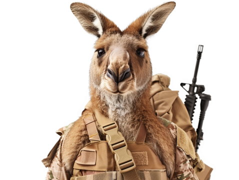 Kangaroo in a commando uniform, performing a desert operation  isolate on transparent background, cutout, png