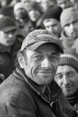 Obraz premium a crowd of supprters, happy, with stars in their eyes, a thirty years old man in the foreground, a smile on his face, a cap on his head, film photography, modern 
