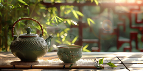 Traditional tea set against the backdrop of a bamboo garden. - obrazy, fototapety, plakaty