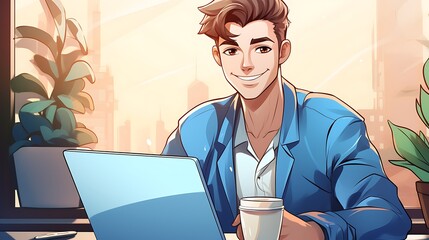 Young business man working with his laptop in the office or home employee freelancer programmer cartoon close up portrait on isolated on transparent 