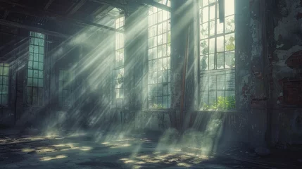 Stof per meter An old, abandoned factory interior, with beams of light filtering through broken windows, illuminating the dust particles in the air © rao zabi