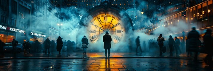 Cityscape contemplation: Man absorbs transience of time by clock - obrazy, fototapety, plakaty