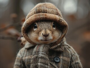 Adorable and cute squirrel portrait wearing retro and vintage clothes, retro accessories, nostalgia, vintage, 1800s, 1900s, 1920s, 1950s, 1960s, 1980, 1990, 2000s