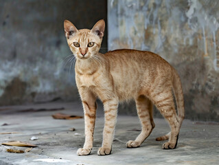 full body Cat Abyssinian standing on cement floor, looking straight in the eyes