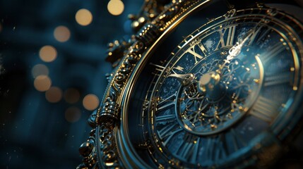 An ornate, antique clock with Roman numerals, its intricate hands pointing at midnight, against a dark, blurred background