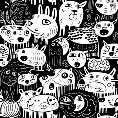 black and white animals dog bear pig donkey  doodle tiles for wrapping paper or card 