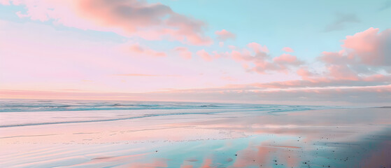 Captivating image of a beach with pastel pink and blue skies reflecting on the wet sand - obrazy, fototapety, plakaty