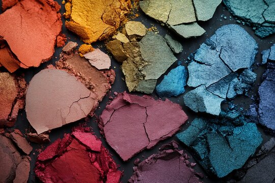 Close-up of a broken eyeshadow palette with different shades