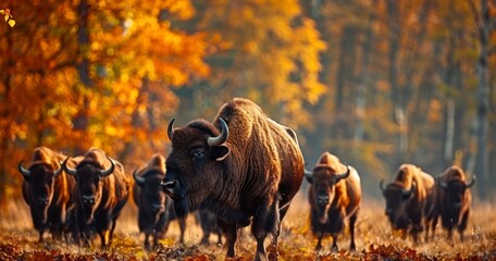 Bison Herd Amid Vibrant Autumn Foliage - obrazy, fototapety, plakaty